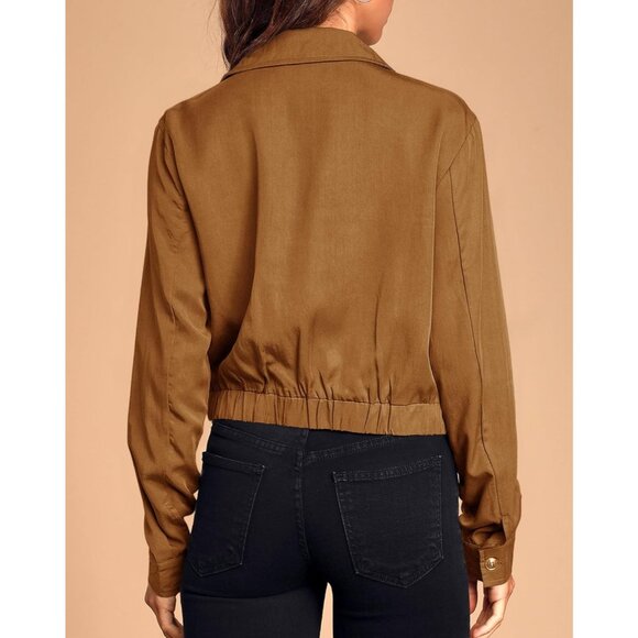 Women's Dark Brown Military Safari Cropped Jackets Button Down Lightweight - Picture 4 of 4